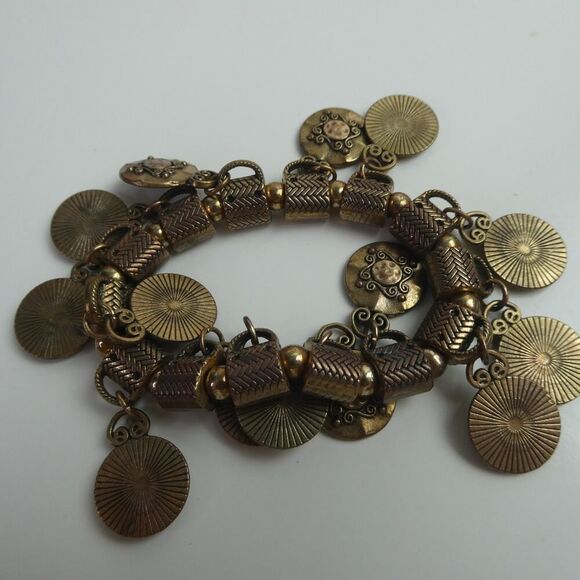 Brass Bronze Tone Dangle Charm Beaded Bracelet Adjustable Stretchy Boho Festival - Picture 6 of 7